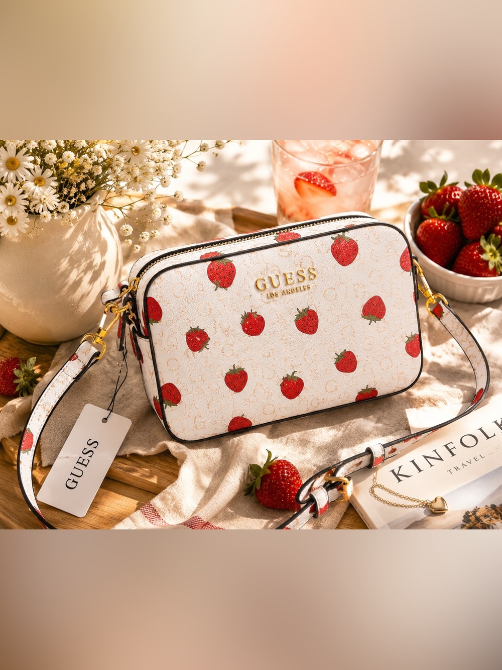 Guess Layla Strawberry Print Crossbody Bag White Red Summer Purse - Picture 3 of 12